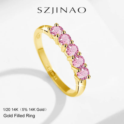14K Gold Filled Pink Moissanite Rings 5 Stone D VVS1 for Women Man with 1/20th 14 Karat Gold Engagement Wedding Jewelry
