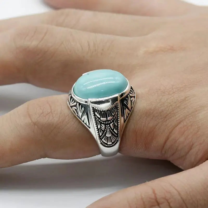 S925 Sterling Silver Inlaid Oval Turquoise Stone Men's Ring Turkish Jewelry Everyday Wear Holiday Gift